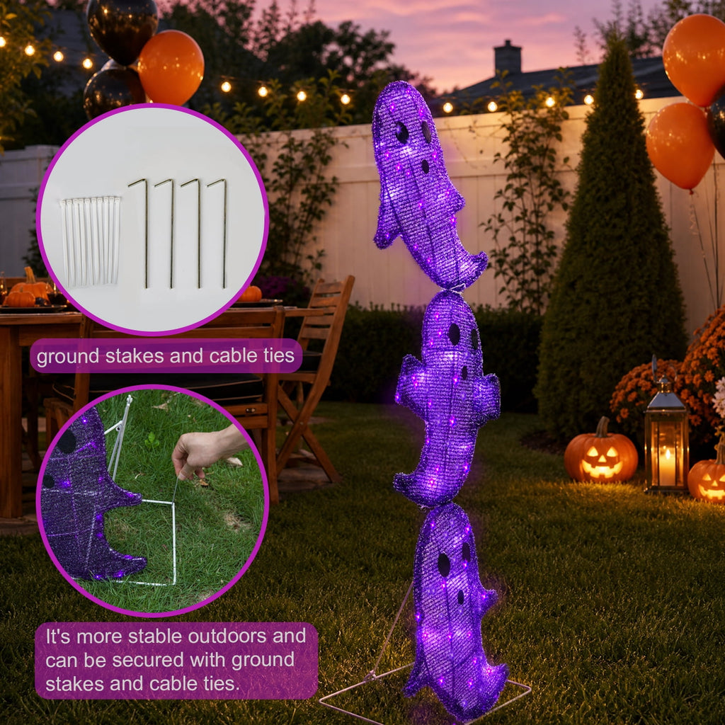 Magotan Halloween Decorations 3ft Halloween Ghost Decor Pre-Lit 65 LED Purple Light Halloween Cute Ghost Outdoor Decor for Garden Yard Home Party