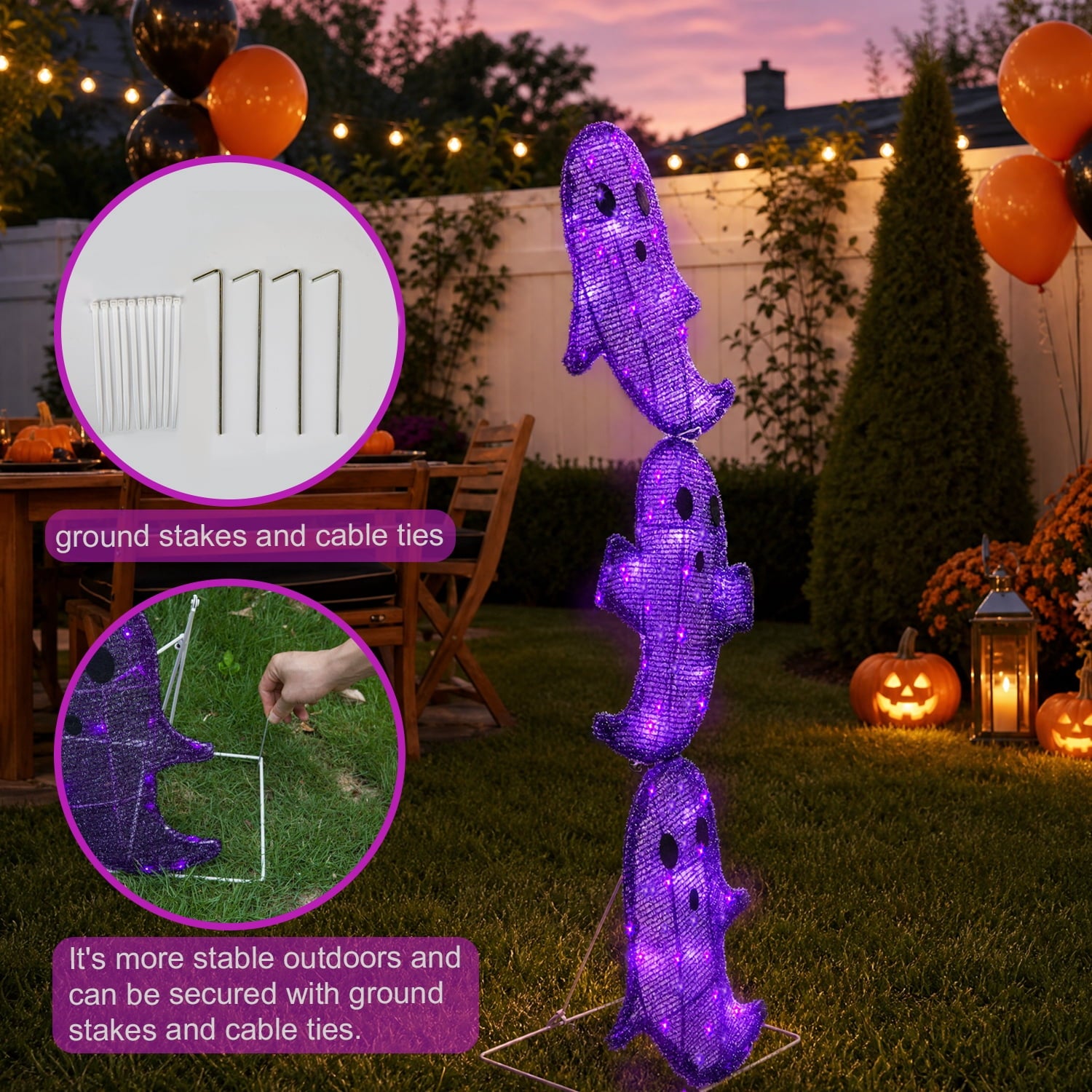 Magotan Halloween Decorations 3ft Halloween Ghost Decor Pre-Lit 65 LED Purple Light Halloween Cute Ghost Outdoor Decor for Garden Yard Home Party