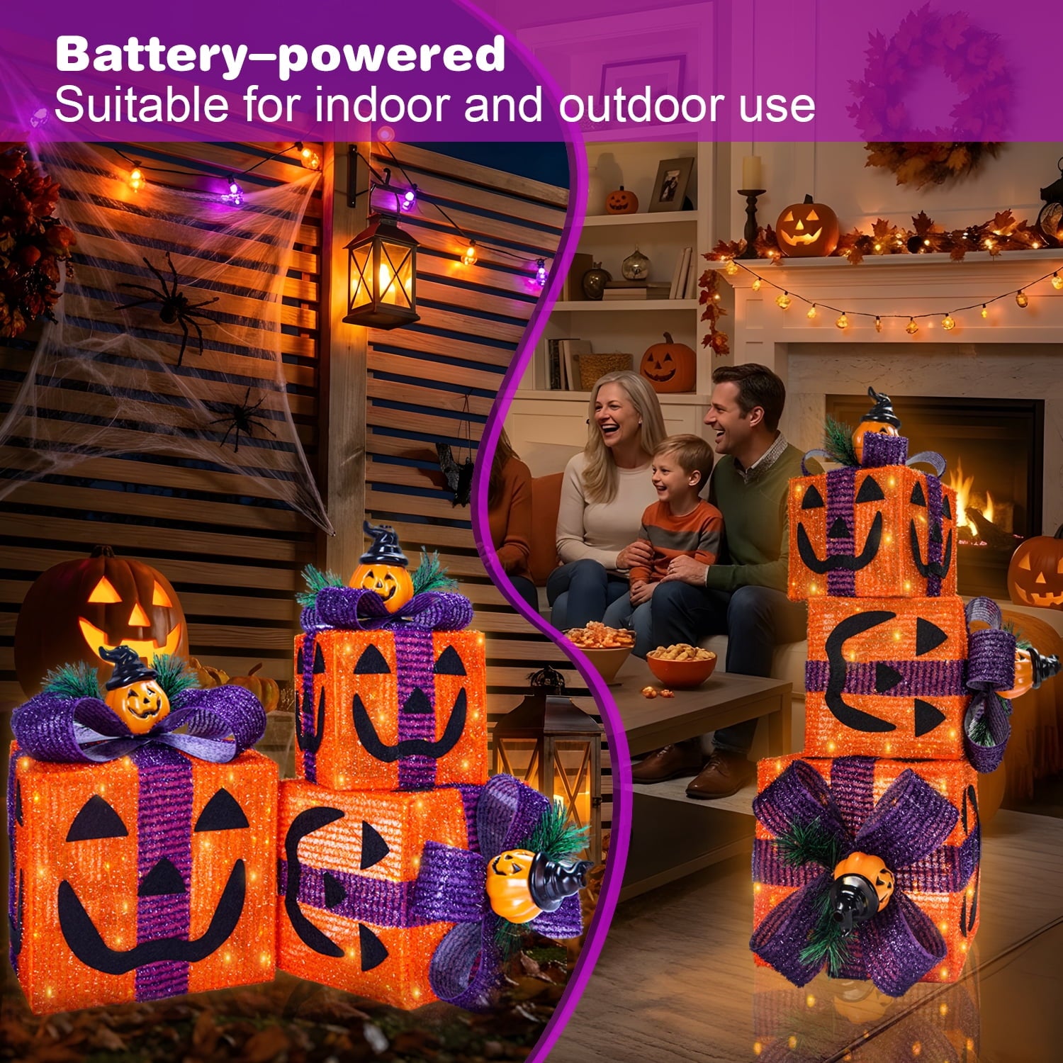 Magotan 3Pcs Halloween Lighted Gift Boxes, Halloween Decoration Indoor with Bows Decor for Halloween Yard Patio Garden, Orange