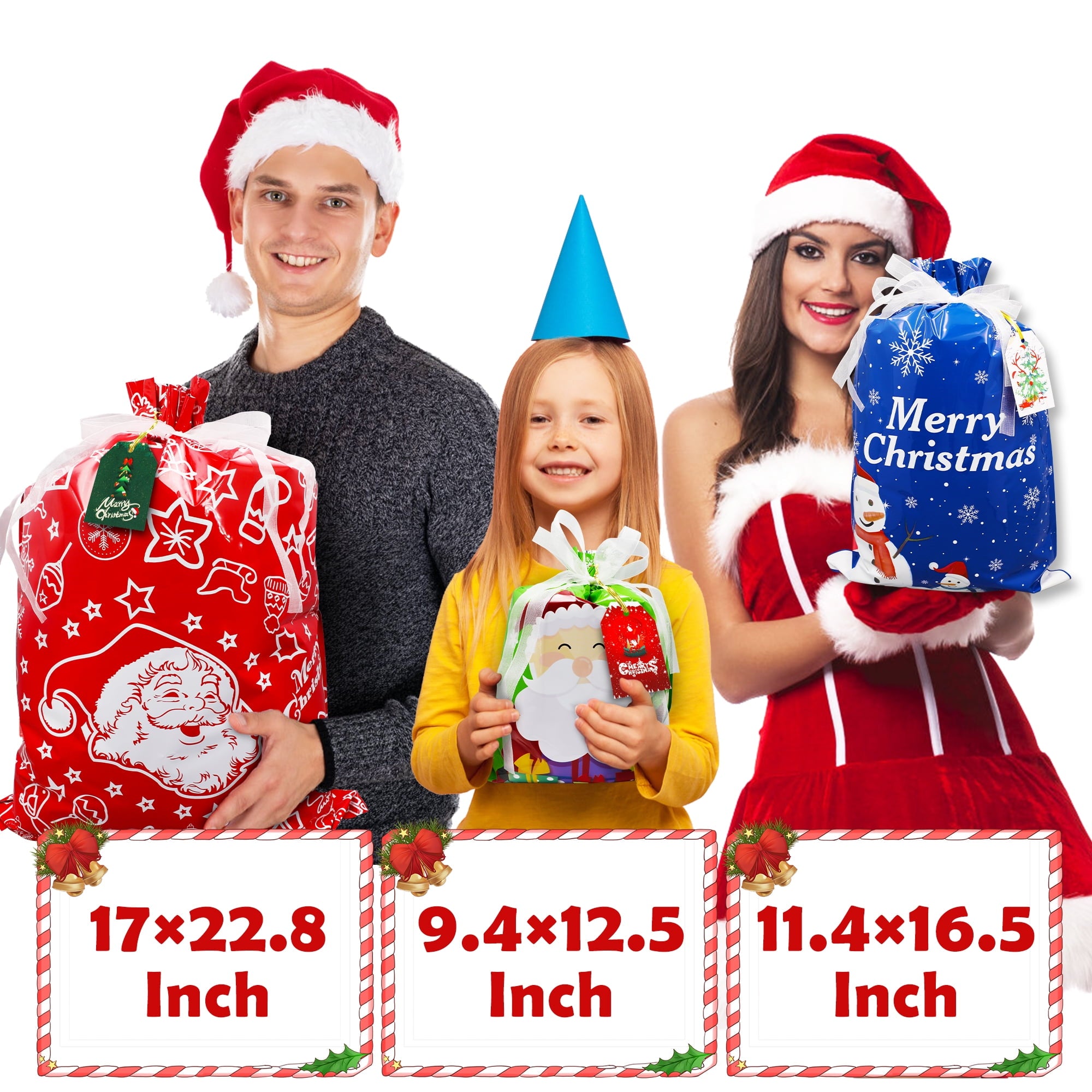 Magotan 40 Pcs Christmas Gift Bags Xmas Drawstring Bags with Tags, Christmas Foil Gift Wrapping Sacks Pouches for Xmas Holiday Presents Party Favor