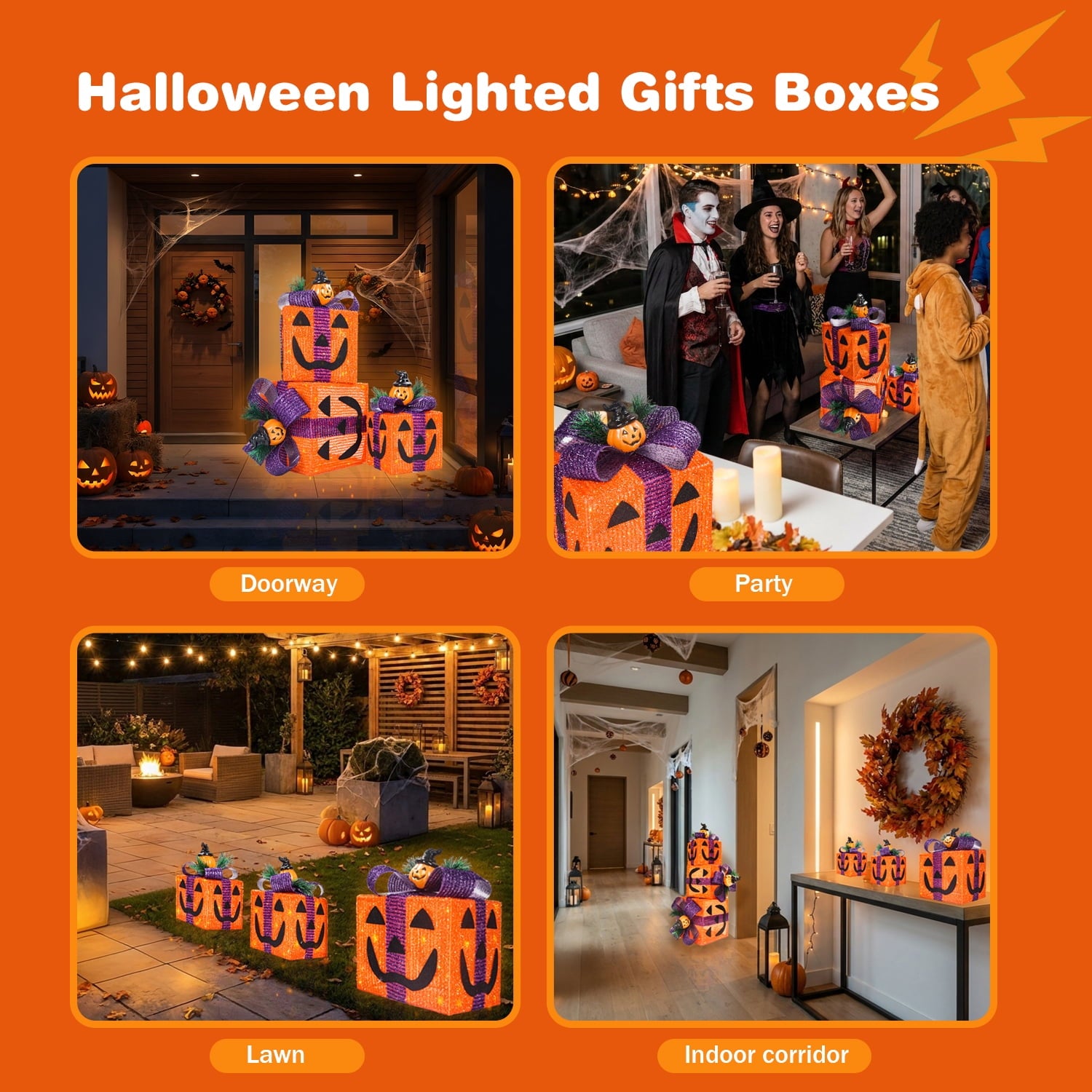Magotan 3Pcs Halloween Lighted Gift Boxes, Halloween Decoration Indoor with Bows Decor for Halloween Yard Patio Garden, Orange
