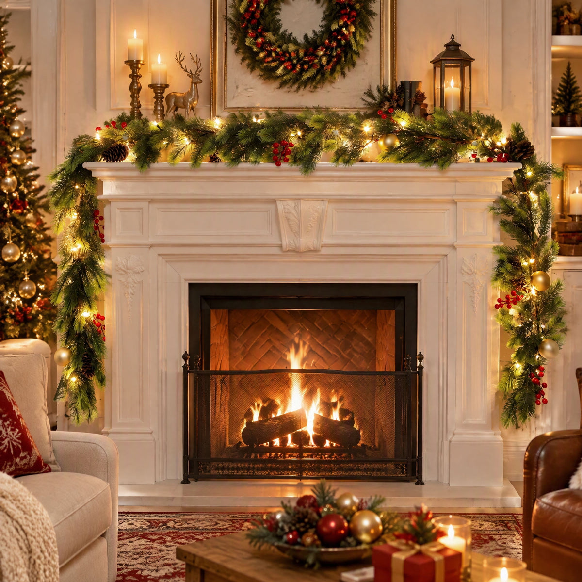 LOENDE 9FT Christmas Garland Prelit 80 LED Warm White Lights for Mantle, Table, Stairs, Doorframe, Fireplace Indoor Outdoor Holiday Decorations
