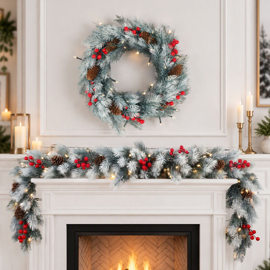 Loende 6ft Artificial Christmas Garland and 24in Christmas Wreath Set Decorations for Stairs Wall Door Indoor Outdoor
