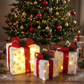 Magotan 3Pcs Lighted Up Christmas Gift Boxes, Iron Frame White Plush Snowflake Present Set with Red Bow & Warm LED Lights, Indoor Xmas Holiday Decor
