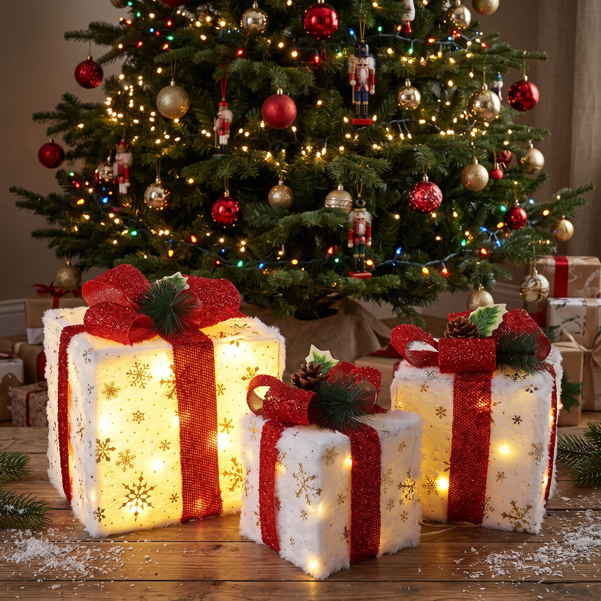 Magotan 3Pcs Lighted Up Christmas Gift Boxes, Iron Frame White Plush Snowflake Present Set with Red Bow & Warm LED Lights, Indoor Xmas Holiday Decor