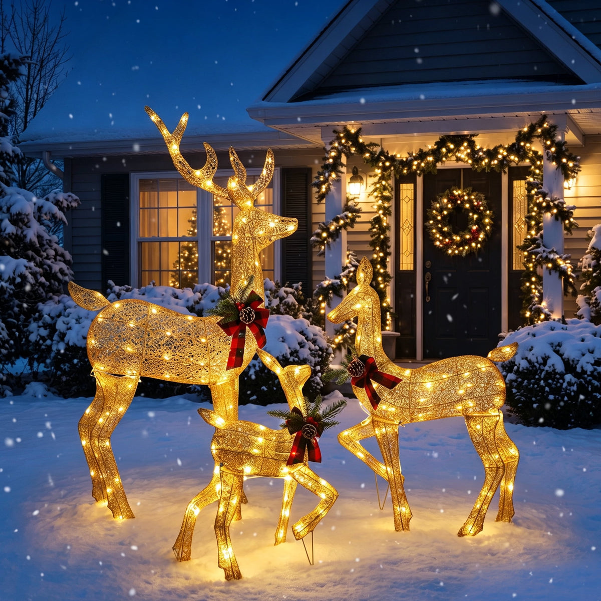 Magotan 3Pcs Lighted Christmas Deer Family Set,Christmas Outdoor Decorations,Reindeer Holiday Decoration with 180 Warm White LED Lights,Outdoor Lawn Porch Yard Decoration