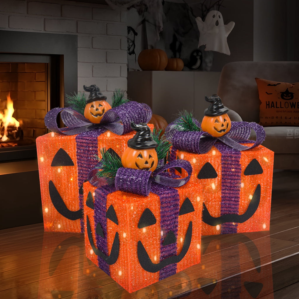 Magotan 3Pcs Halloween Lighted Gift Boxes, Halloween Decoration Indoor with Bows Decor for Halloween Yard Patio Garden, Orange