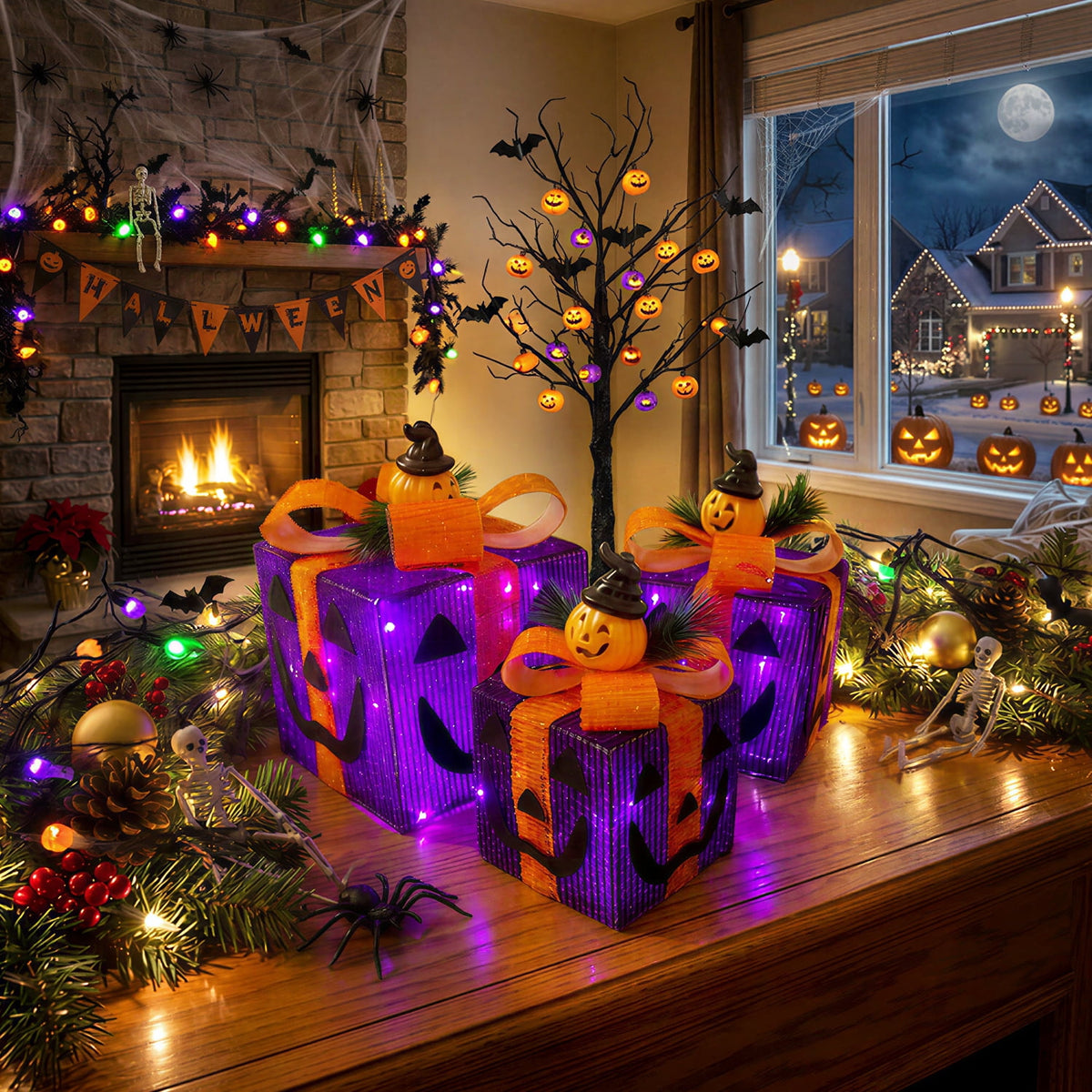 Magotan 3Pcs Halloween Lighted Gift Boxes, Halloween Decoration Indoor with Bows Decor for Halloween Yard Patio Garden, Orange