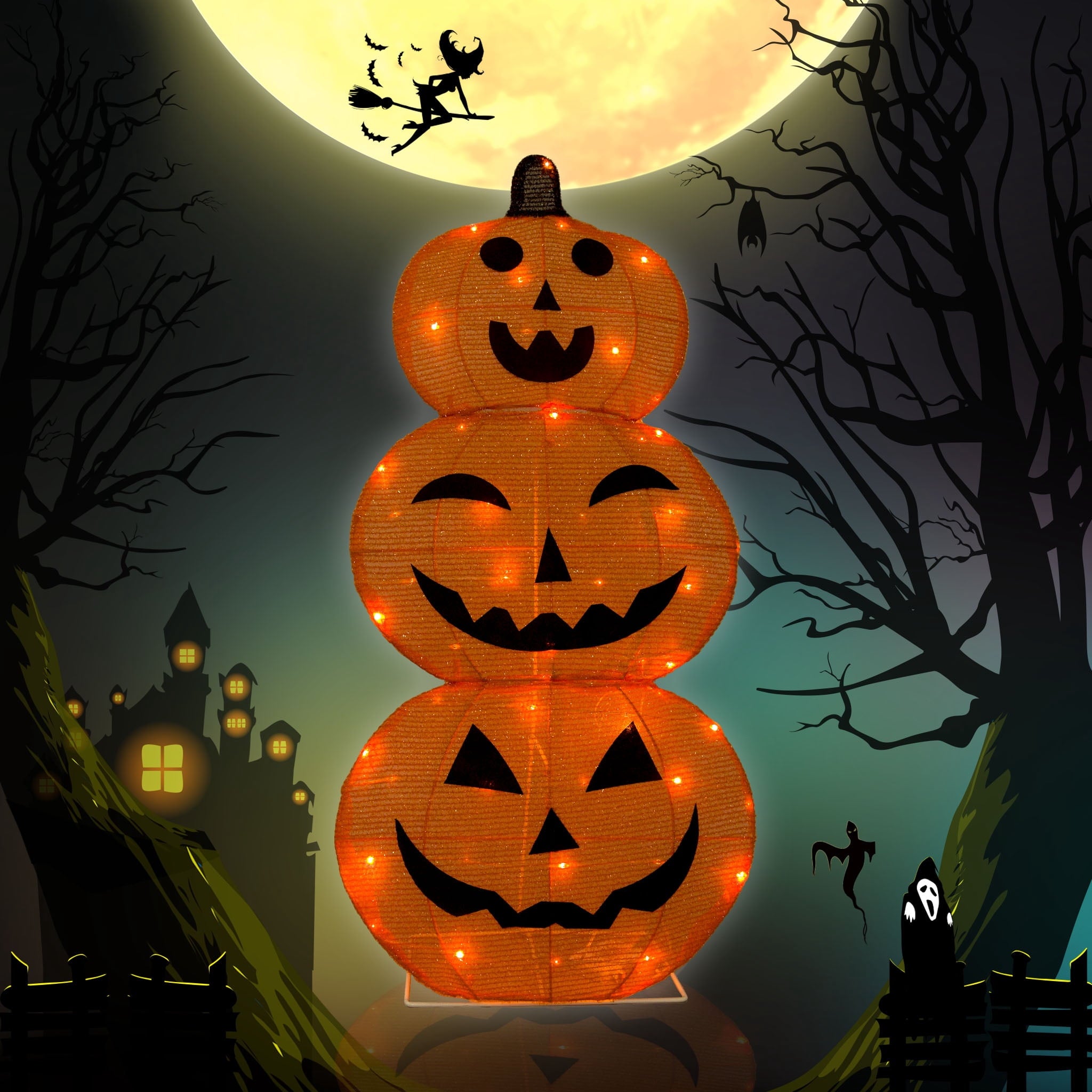 Magotan Halloween Decorations 3ft Halloween Ghost Decor Pre-Lit 65 LED Purple Light Halloween Cute Ghost Outdoor Decor for Garden Yard Home Party