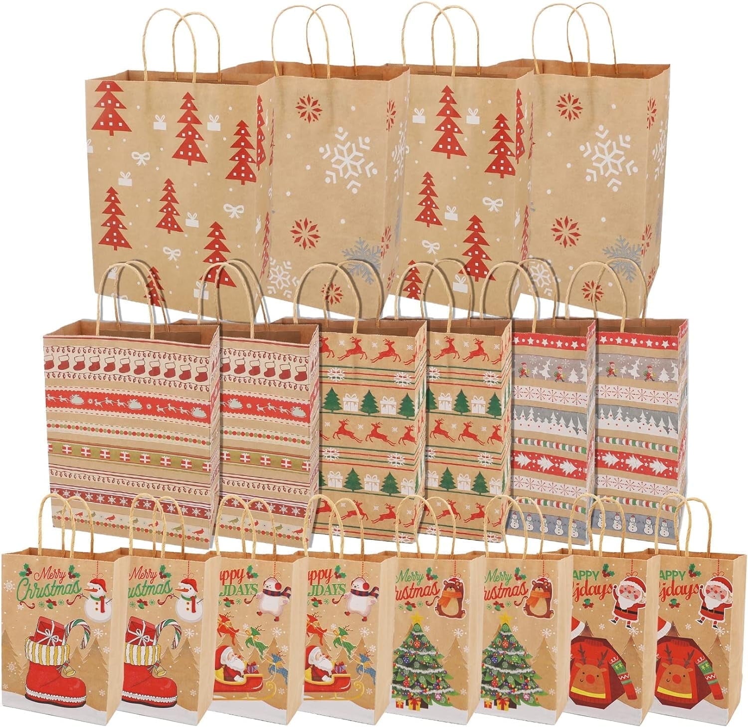 Magotan 18 packs Christmas Bags, 9 Style Assorted Sizes with Handles Bulk Christmas Themed Reusable Kraft Gift Bags, Suitable for Christmas Parties