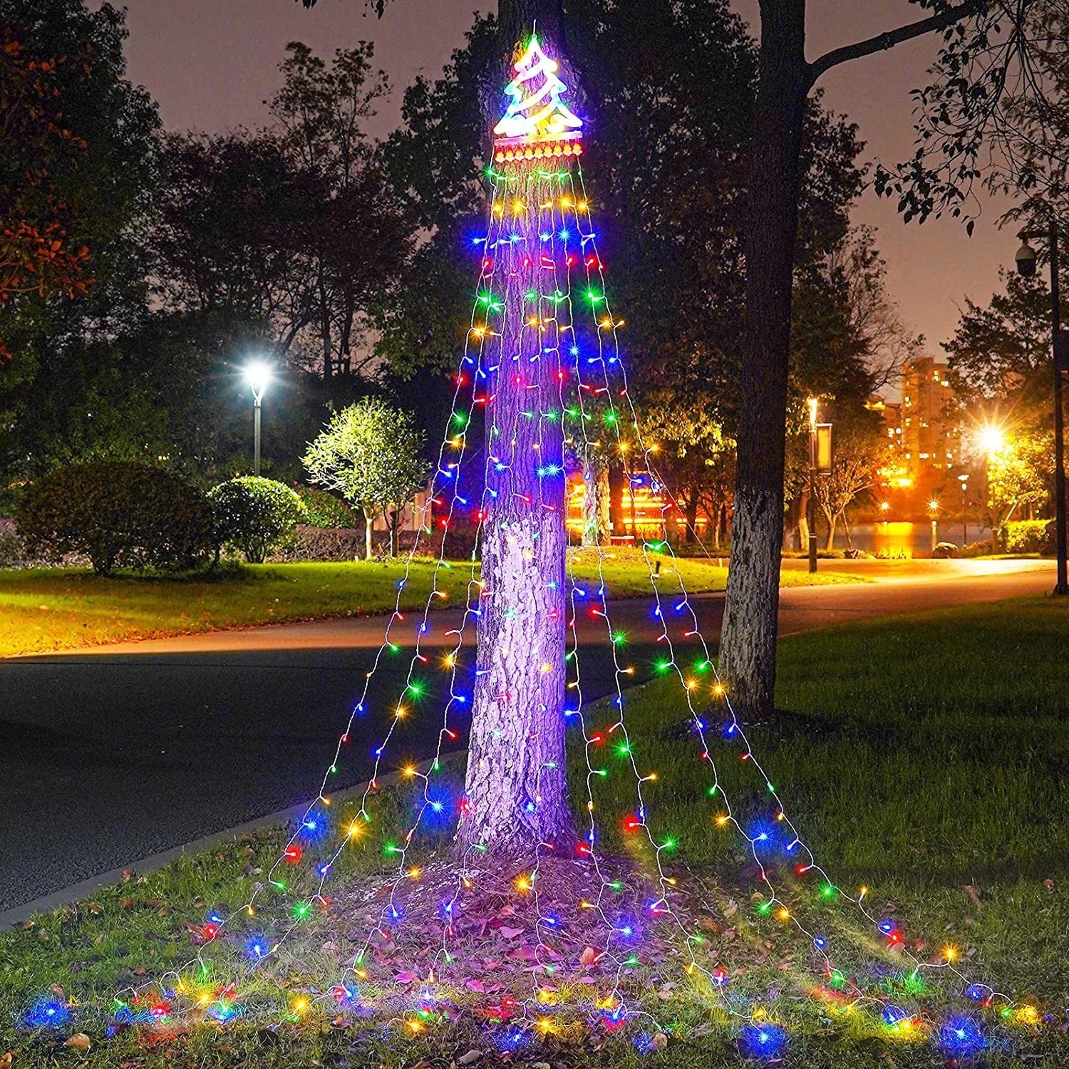 Magotan 12.5ft 350 LED Waterfall Christmas Lights Outdoor Decoration Twinkle Plug in Christmas Tree String Lights with Top Star Xmas Holiday Garden Yard Decoration, Warm White