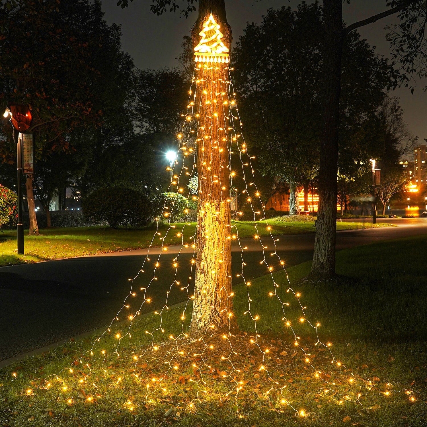 Magotan 12.5ft 350 LED Waterfall Christmas Lights Outdoor Decoration Twinkle Plug in Christmas Tree String Lights with Top Star Xmas Holiday Garden Yard Decoration, Warm White
