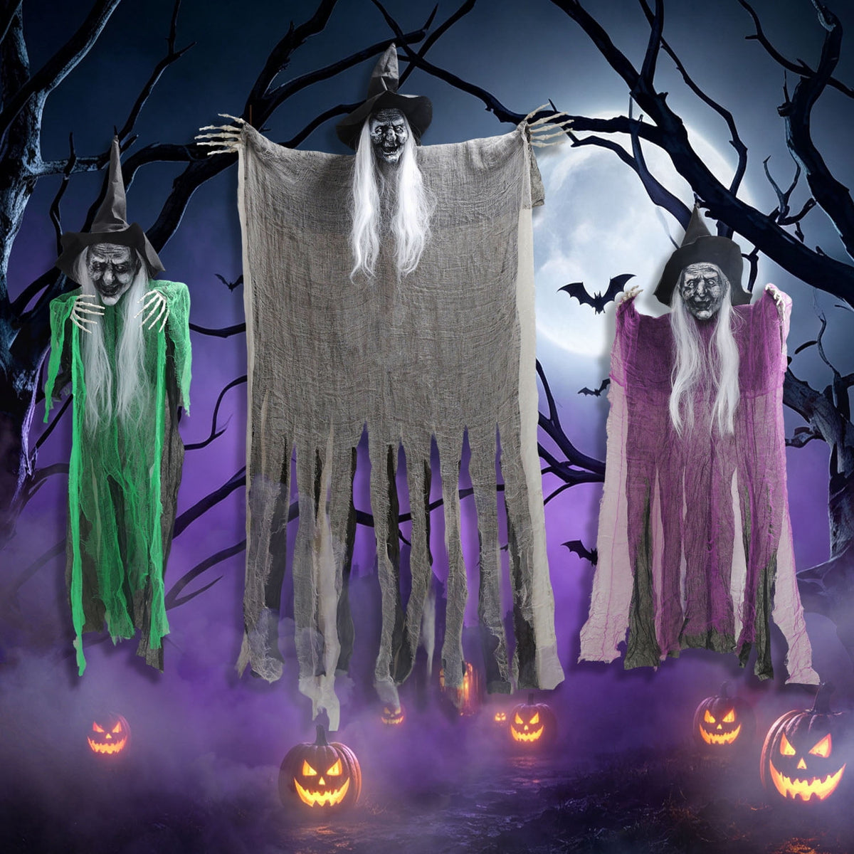 Magotan 3 Pack Halloween Outdoor Decorations Hanging Long Hair Skeleton Ghost Decorations, Spooky Ghosts Decorations for Front Porch Yard Tree