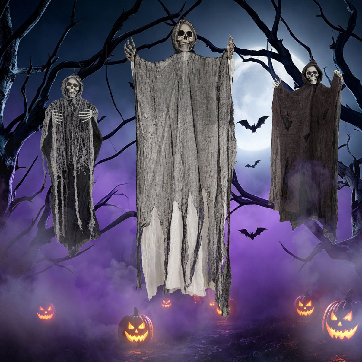 Magotan 3 Pack Halloween Outdoor Decorations Hanging Long Hair Skeleton Ghost Decorations, Spooky Ghosts Decorations for Front Porch Yard Tree