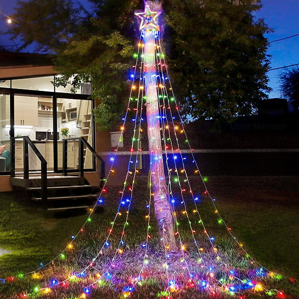 Magotan 12.5ft 350 LED Waterfall Christmas Lights Outdoor Decoration Twinkle Plug in Christmas Tree String Lights with Top Star Xmas Holiday Garden Yard Decoration, Warm White