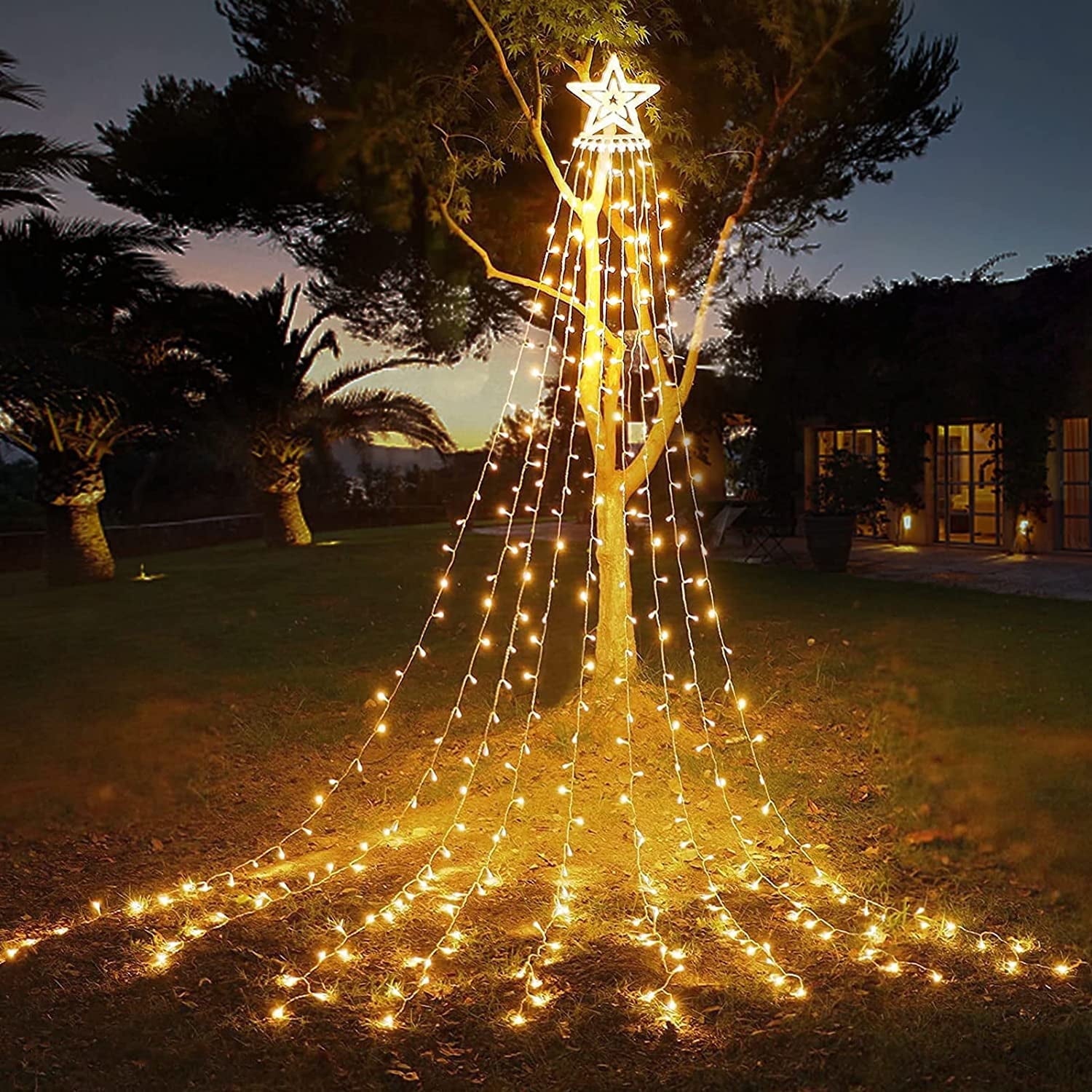Magotan 12.5ft 350 LED Waterfall Christmas Lights Outdoor Decoration Twinkle Plug in Christmas Tree String Lights with Top Star Xmas Holiday Garden Yard Decoration, Warm White