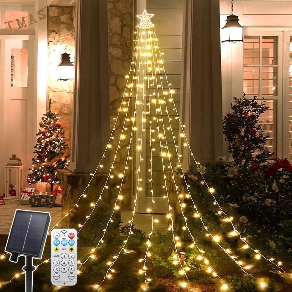 Magotan 12.5ft 350 LED Waterfall Christmas Lights Outdoor Decoration Twinkle Plug in Christmas Tree String Lights with Top Star Xmas Holiday Garden Yard Decoration, Warm White