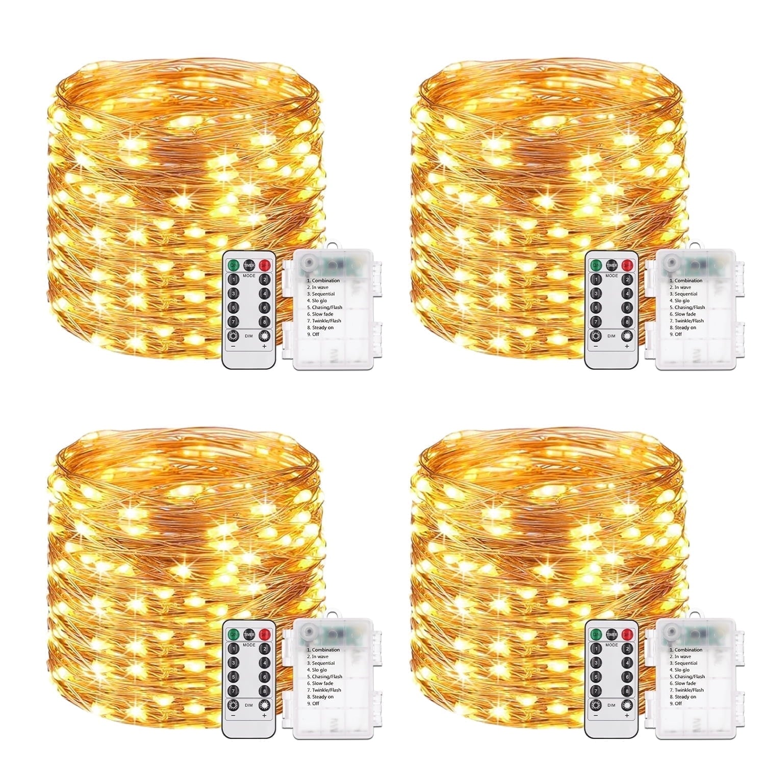NITIDSKY 4 pack 33ft 100 LED Fairy Lights Battery Operated String Lights with Remote and 8 Modes Christmas Wedding Party Decoration, White
