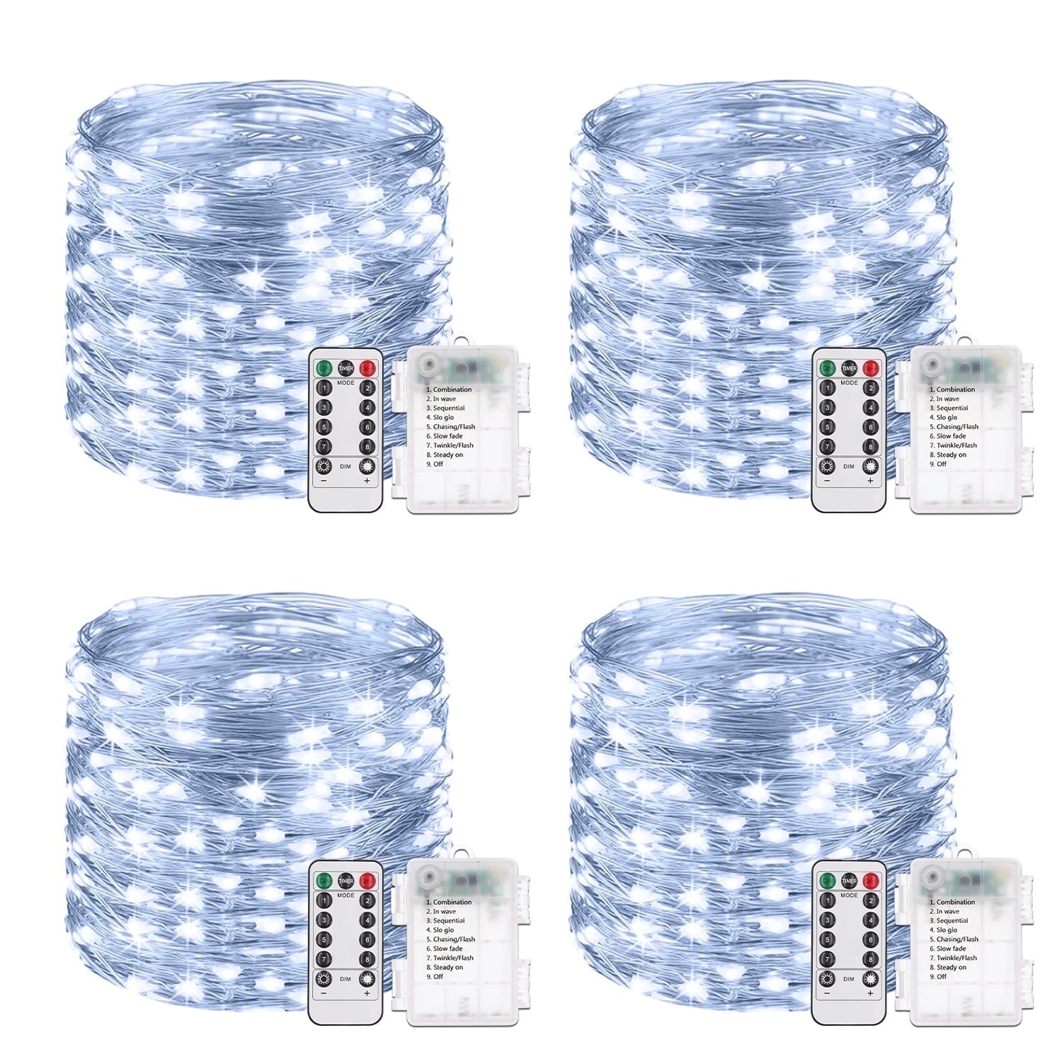 NITIDSKY 4 pack 33ft 100 LED Fairy Lights Battery Operated String Lights with Remote and 8 Modes Christmas Wedding Party Decoration, White