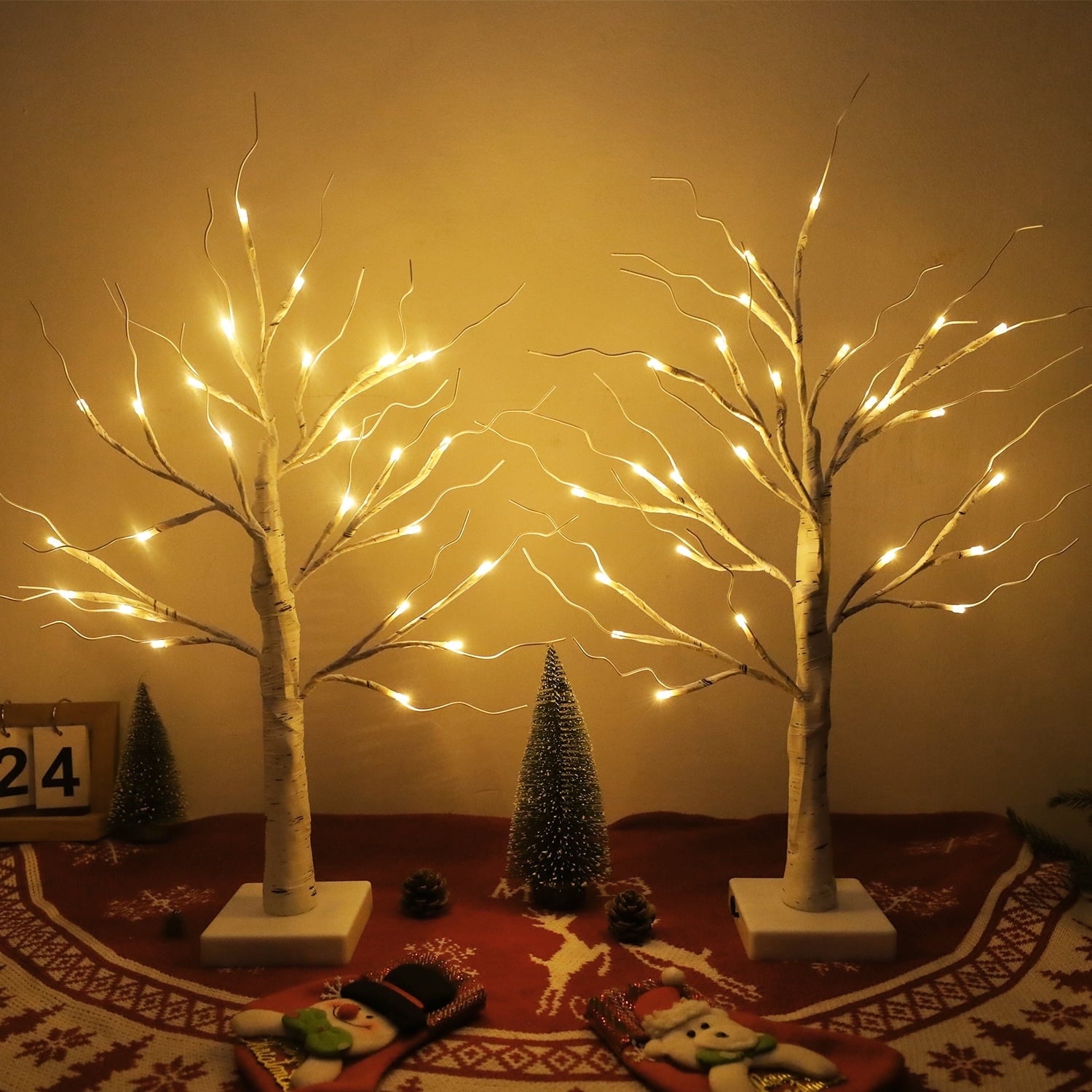 NITIDSKY Christmas Lights Indoor Decorations, 2FT 24 LED Table Top Christmas Tree with Warm Lights, Xmas USB and Battery Operated Tree Lights, 2 Pack
