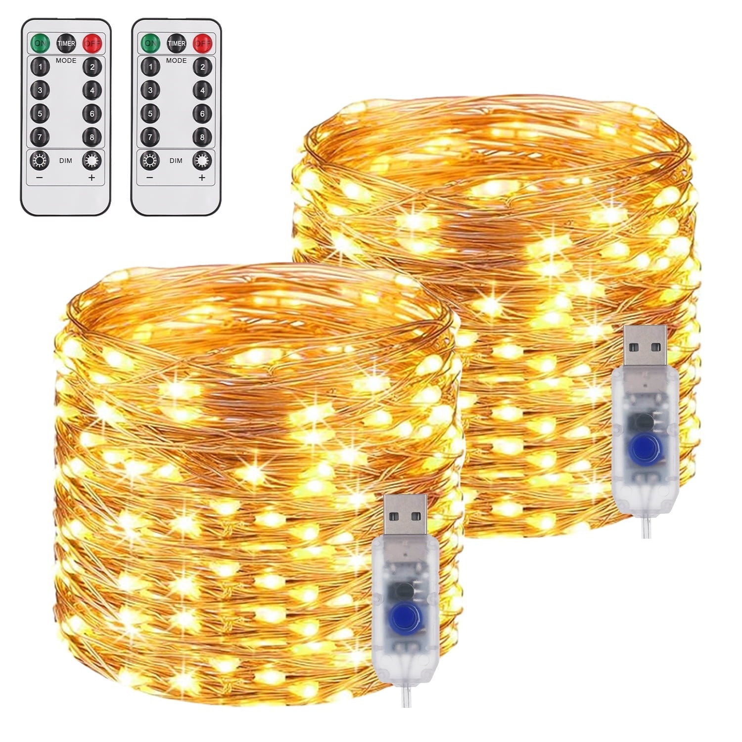 NITIDSKY USB Christmas Lights, 2 Pack 66ft 200 LED USB Plug in Fairy Lights with Remote Christmas Twinkle Lights Holiday Party Wedding Indoor Decorations, Multicolor