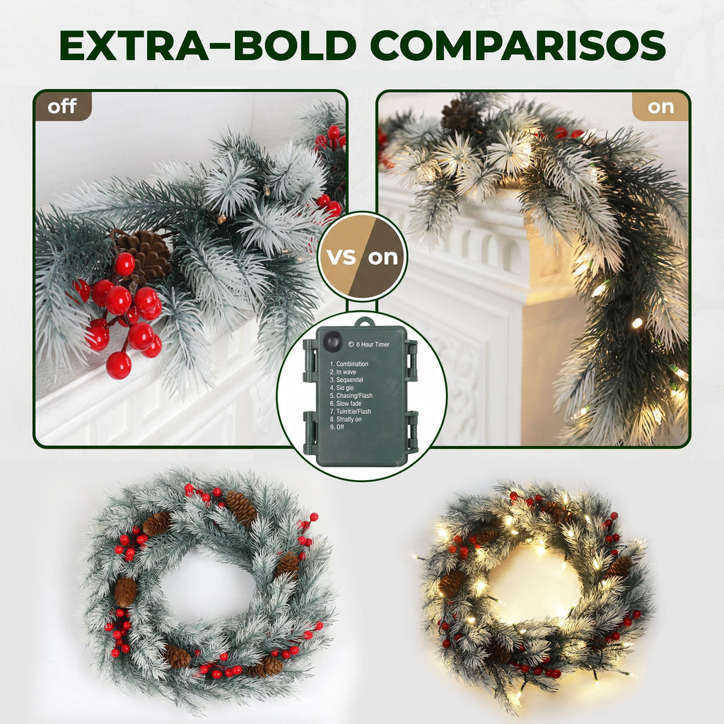 Loende 6ft Artificial Christmas Garland and 24in Christmas Wreath Set Decorations for Stairs Wall Door Indoor Outdoor