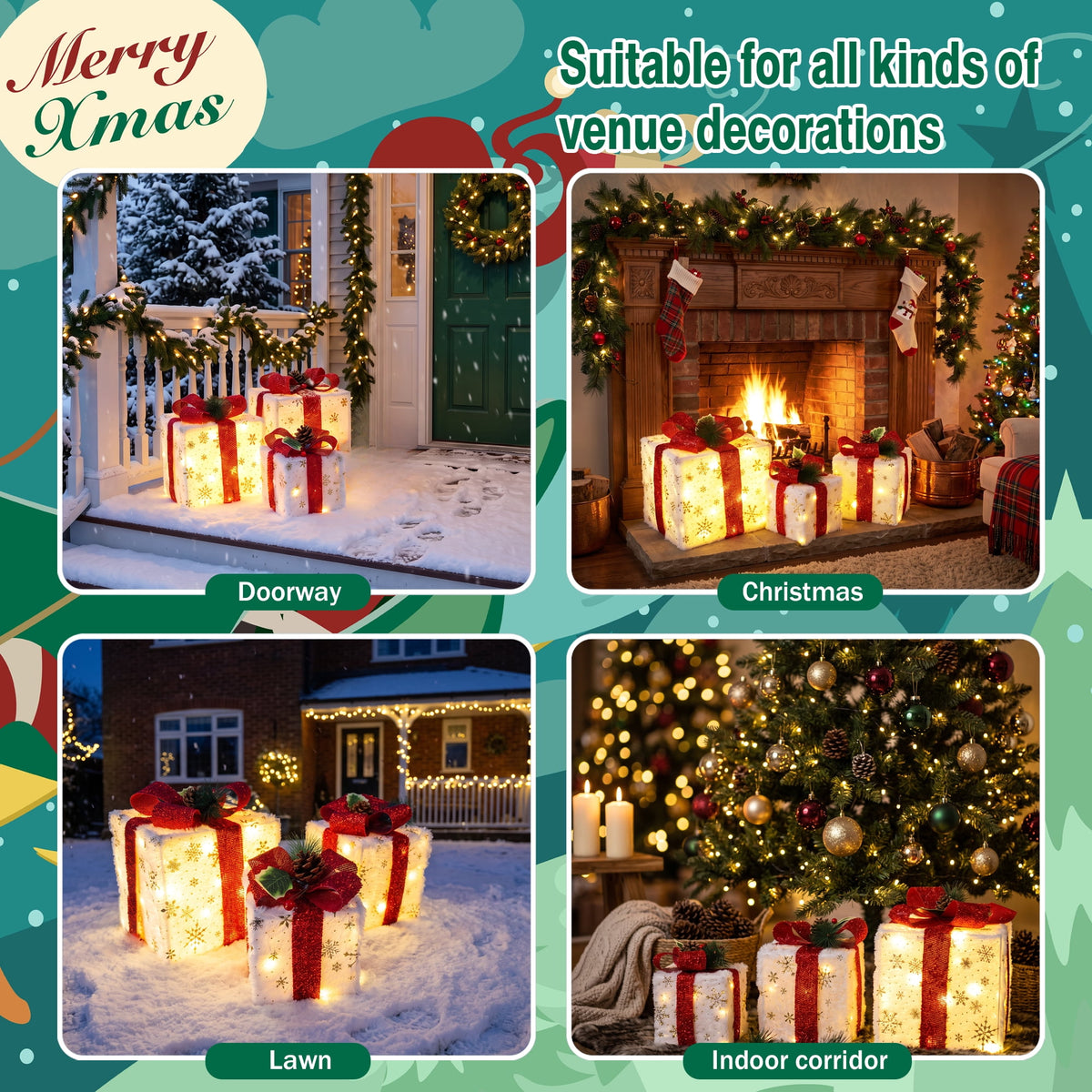 Magotan 3Pcs Lighted Up Christmas Gift Boxes, Iron Frame White Plush Snowflake Present Set with Red Bow & Warm LED Lights, Indoor Xmas Holiday Decor