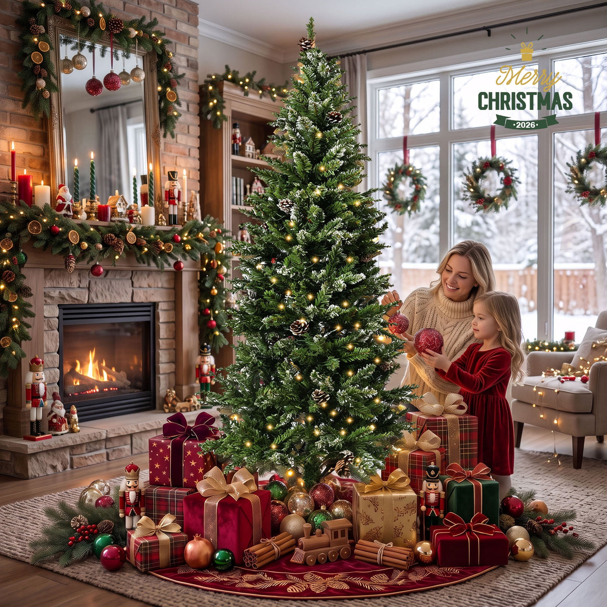 Loende 6ft Prelit Pencil Christmas Tree, 618 Branch Tips Artificial Christmas Tree with 200 LED Warm White Lights 8Modes