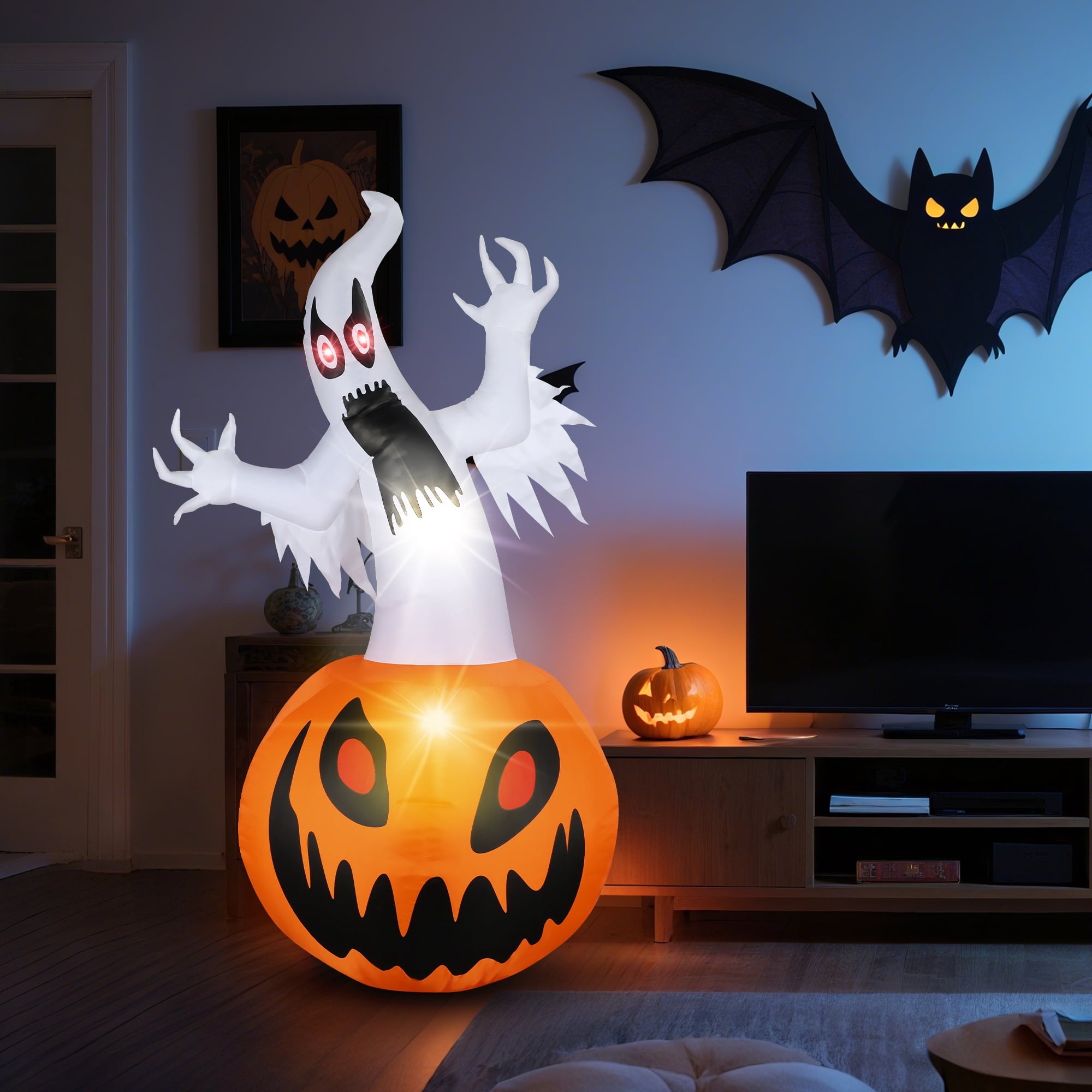 MAGOTAN 5 ft Halloween Inflatable Pumpkin Halloween Inflatable Pumpkins and Ghost Outdoor Yard Decoration Build-in 4 LED Lights
