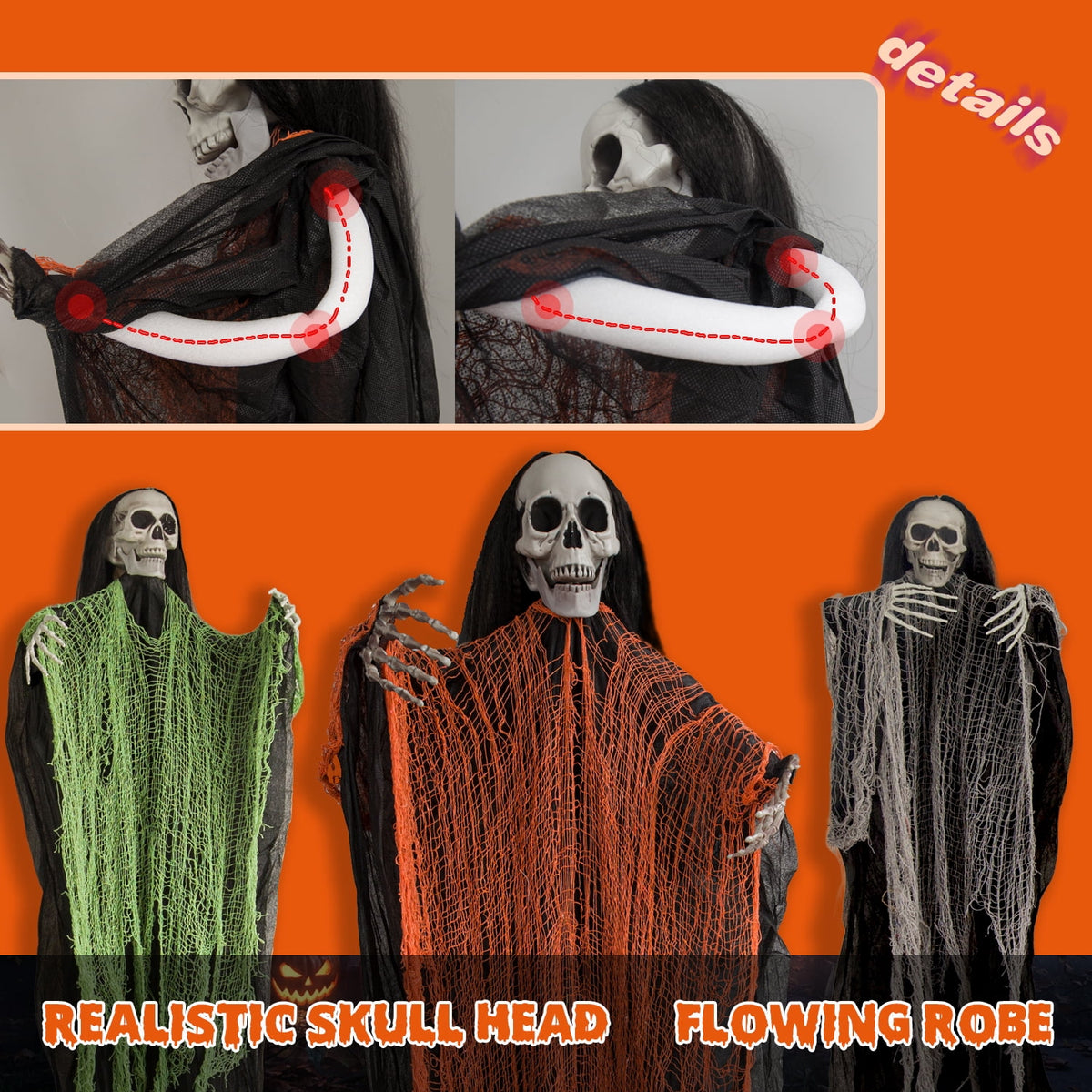 Magotan 3 Pack Halloween Outdoor Decorations Hanging Long Hair Skeleton Ghost Decorations, Spooky Ghosts Decorations for Front Porch Yard Tree