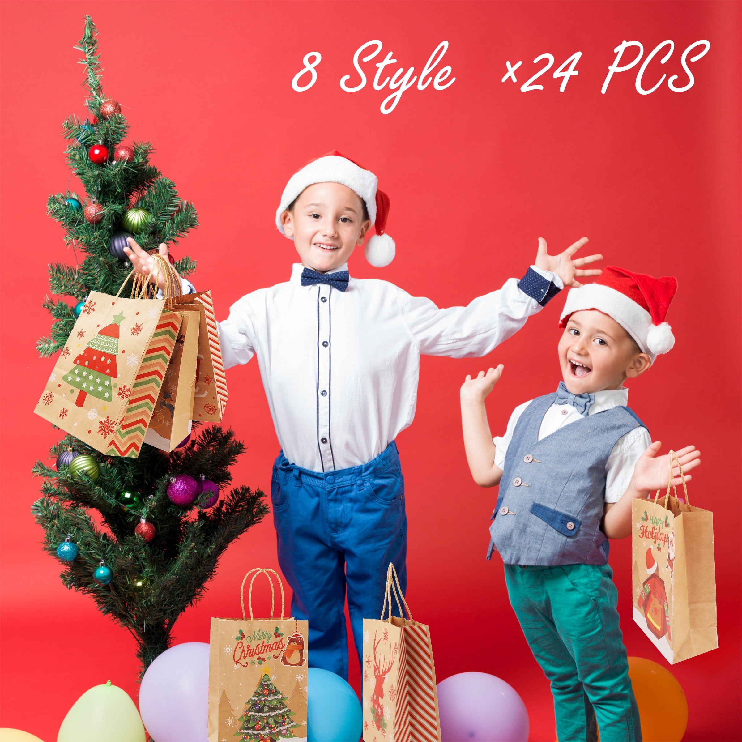 ASENEK 24 Packs Christmas Gift Bags, 8 Style of Gift Bags Small Size with Handles, Bulk Christmas Themed Kraft Bags Suitable for Christmas Party, Family Party Gift Bags