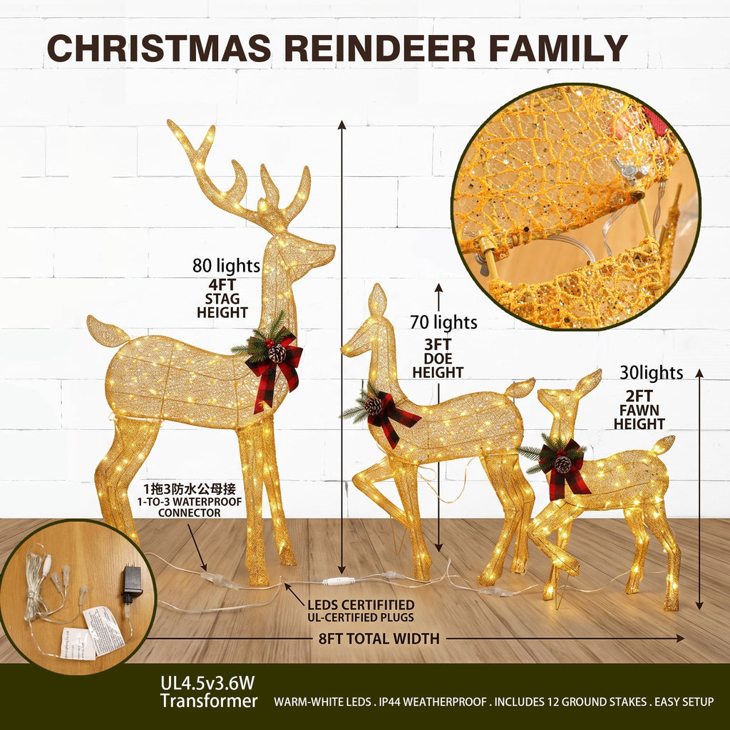 Magotan 3Pcs Lighted Christmas Deer Family Set,Christmas Outdoor Decorations,Reindeer Holiday Decoration with 180 Warm White LED Lights,Outdoor Lawn Porch Yard Decoration