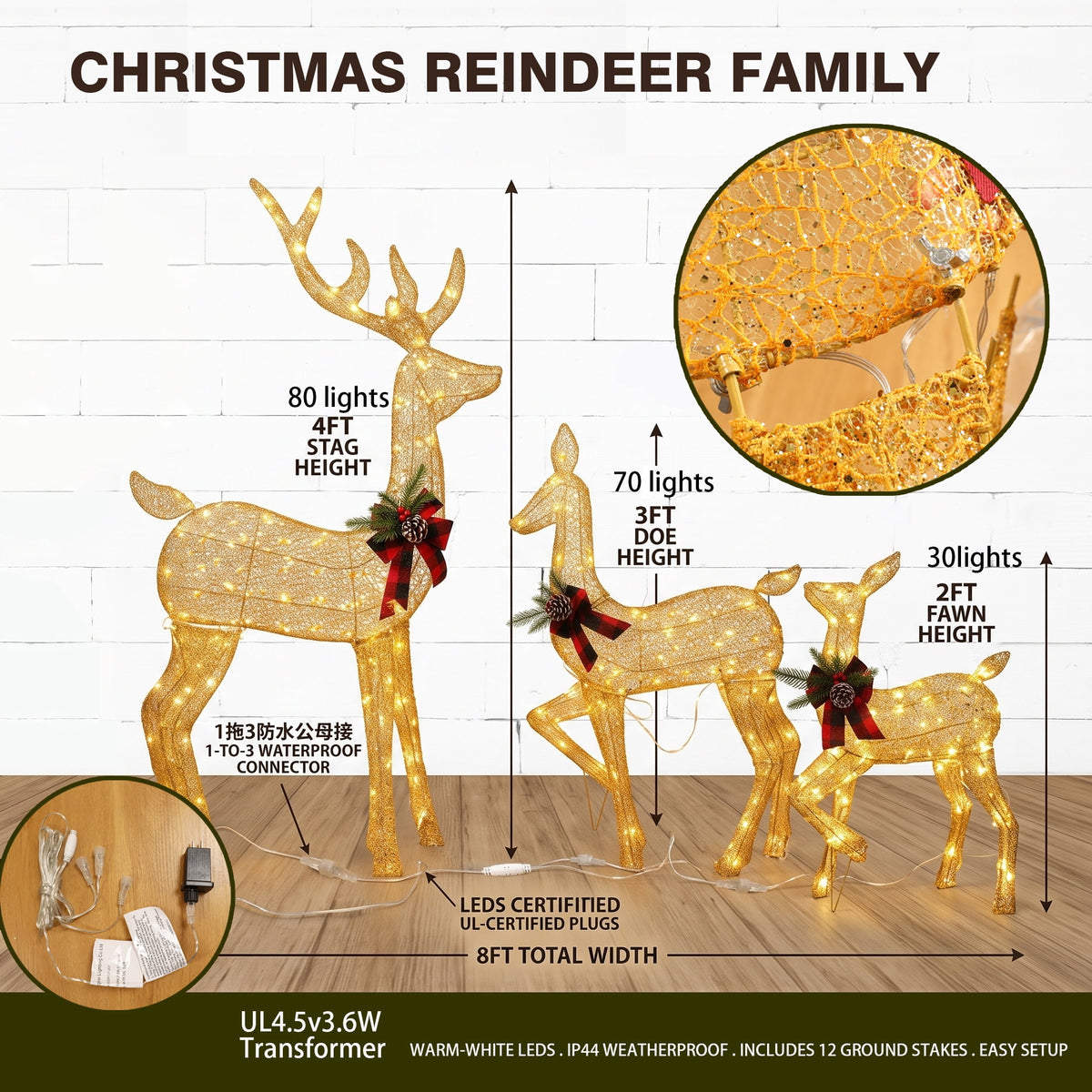 Magotan 3Pcs Lighted Christmas Deer Family Set,Christmas Outdoor Decorations,Reindeer Holiday Decoration with 180 Warm White LED Lights,Outdoor Lawn Porch Yard Decoration