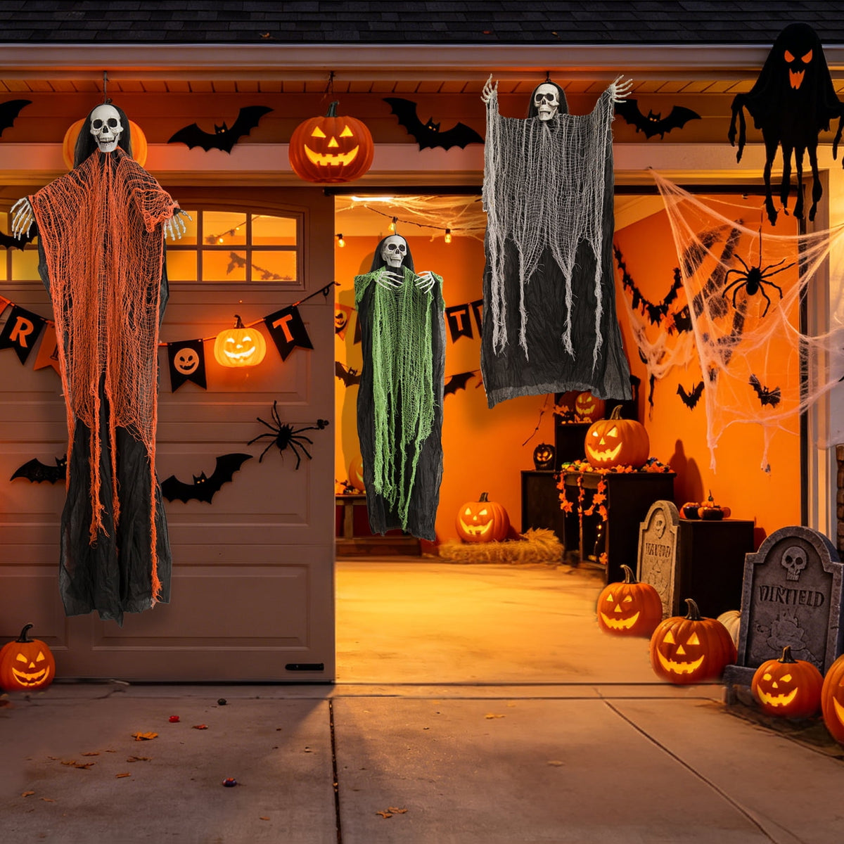 Magotan 3 Pack Halloween Outdoor Decorations Hanging Long Hair Skeleton Ghost Decorations, Spooky Ghosts Decorations for Front Porch Yard Tree