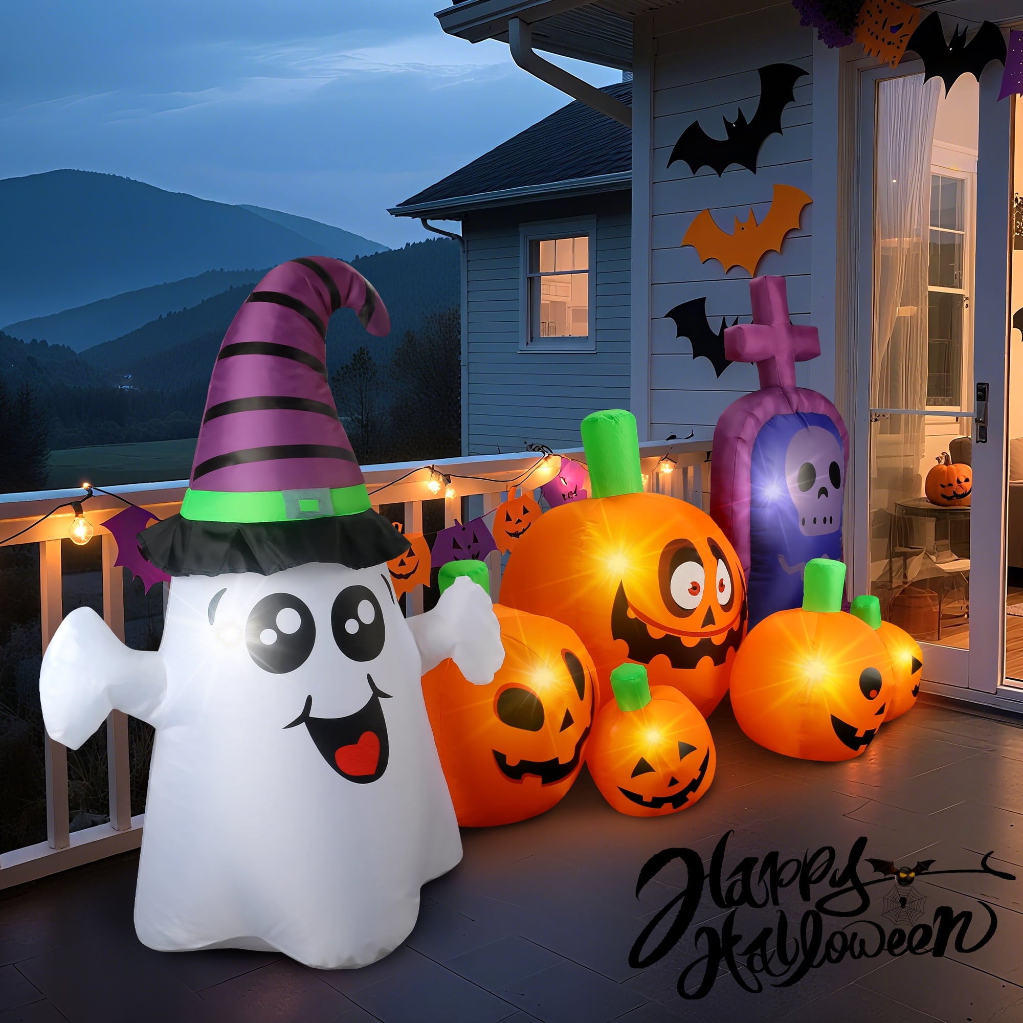 MAGOTAN 8 ft Halloween Inflatable Pumpkin Halloween Inflatable Pumpkins Ghost Tombstone Outdoor Yard Decoration Build-in 7 LED White Lights