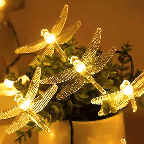 LOENDE Dragonfly Solar String Lights, 30 LED 21ft 8 Modes Outdoor Waterproof Fairy Lights for Christmas Garden Patio Wedding Party Decor, Warm White