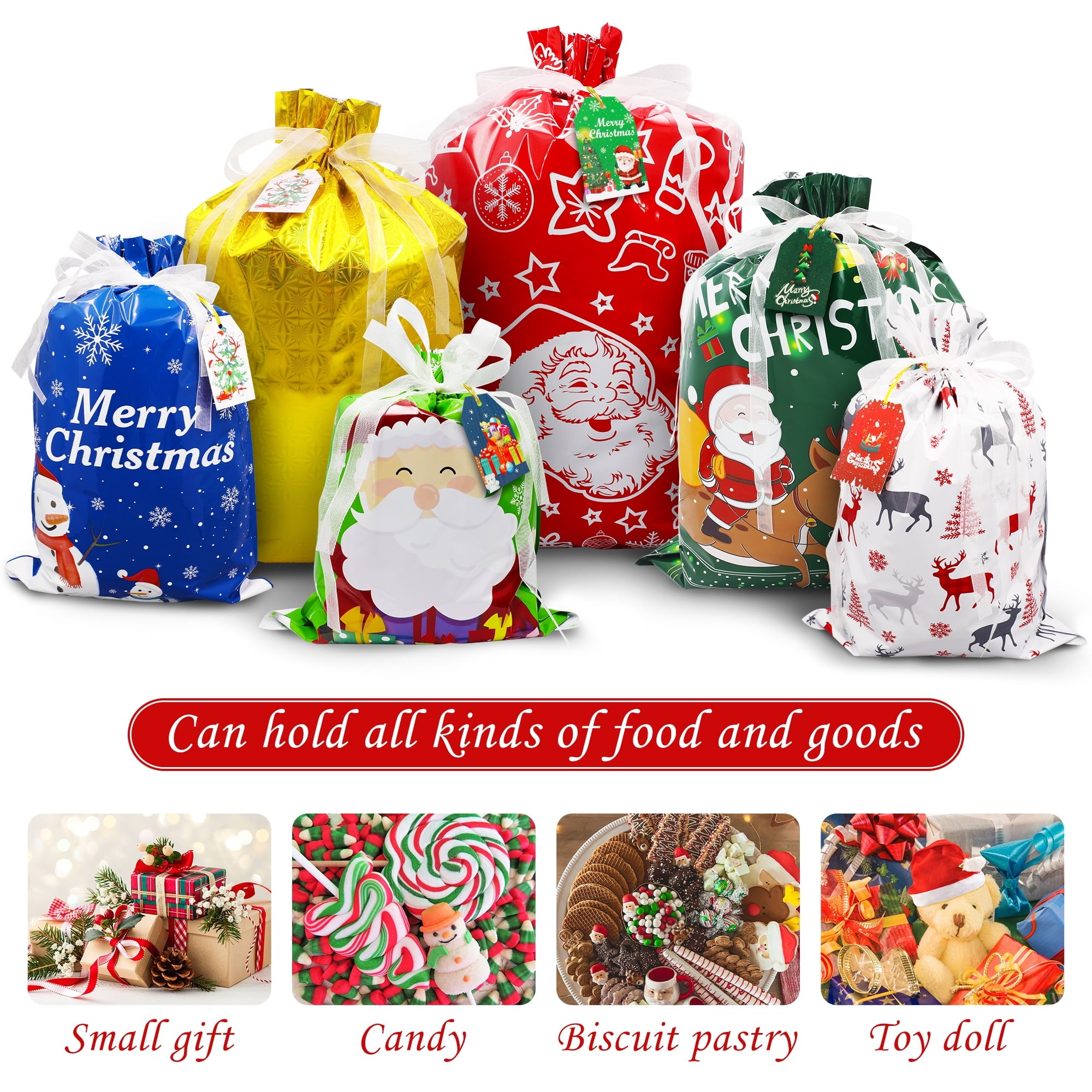 Magotan 40 Pcs Christmas Gift Bags Xmas Drawstring Bags with Tags, Christmas Foil Gift Wrapping Sacks Pouches for Xmas Holiday Presents Party Favor