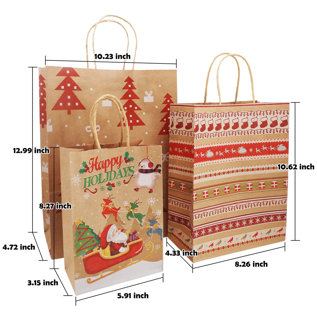 Magotan 18 packs Christmas Bags, 9 Style Assorted Sizes with Handles Bulk Christmas Themed Reusable Kraft Gift Bags, Suitable for Christmas Parties
