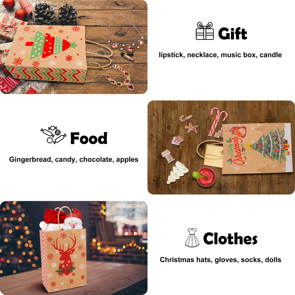 ASENEK 24 Packs Christmas Gift Bags, 8 Style of Gift Bags Small Size with Handles, Bulk Christmas Themed Kraft Bags Suitable for Christmas Party, Family Party Gift Bags