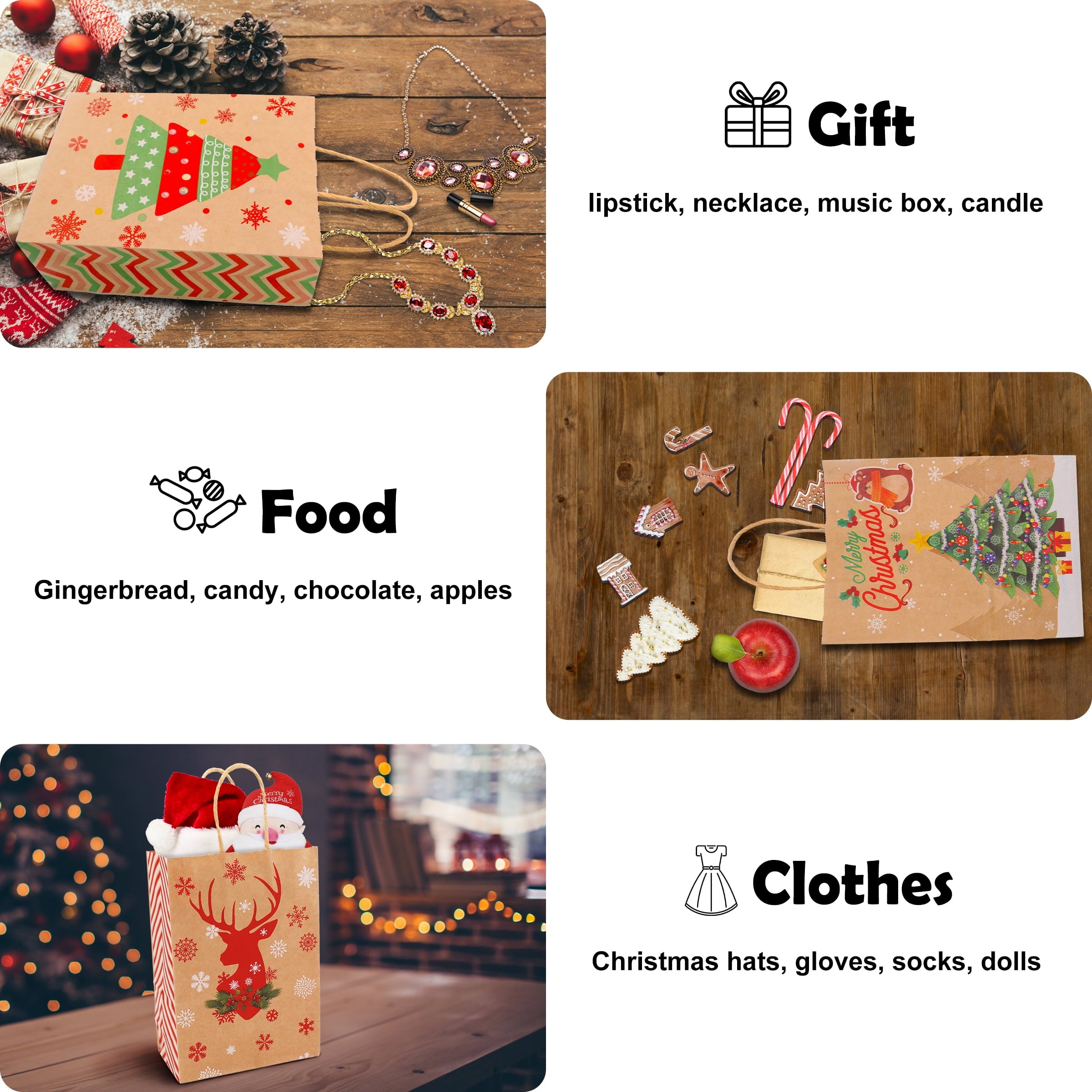 ASENEK 24 Packs Christmas Gift Bags, 8 Style of Gift Bags Small Size with Handles, Bulk Christmas Themed Kraft Bags Suitable for Christmas Party, Family Party Gift Bags
