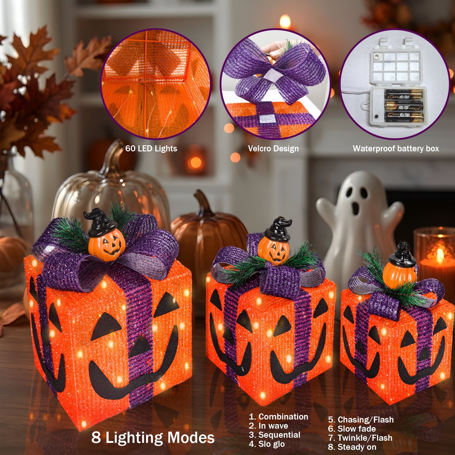 Magotan 3Pcs Halloween Lighted Gift Boxes, Halloween Decoration Indoor with Bows Decor for Halloween Yard Patio Garden, Orange