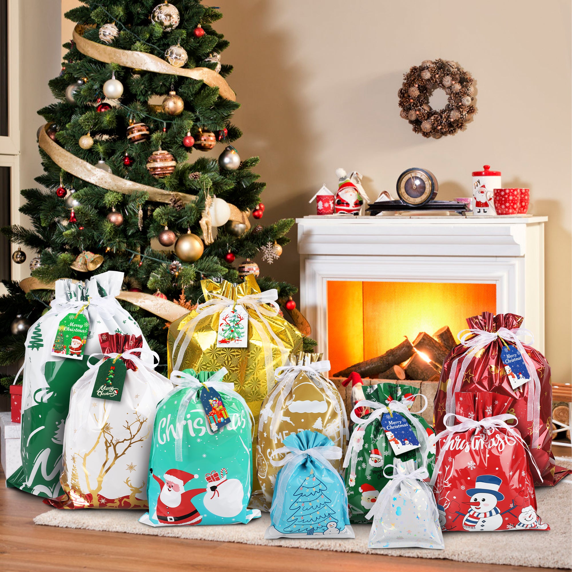 NITIDSKY 26Pcs Christmas Gift Bags Xmas Drawstring Bags with Tags Christmas Gift Wrapping Sacks Pouches for Xmas Holiday Presents Party Favor