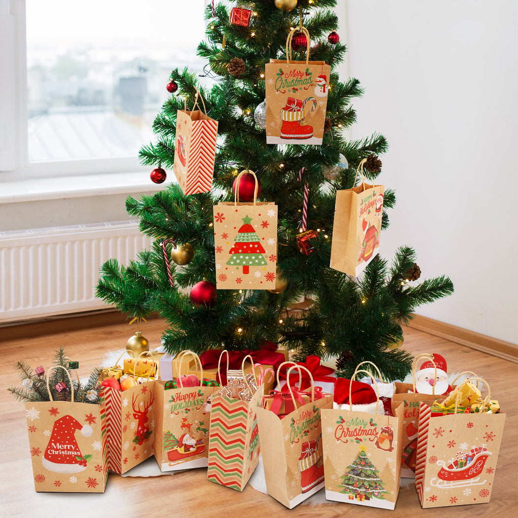 ASENEK 24 Packs Christmas Gift Bags, 8 Style of Gift Bags Small Size with Handles, Bulk Christmas Themed Kraft Bags Suitable for Christmas Party, Family Party Gift Bags