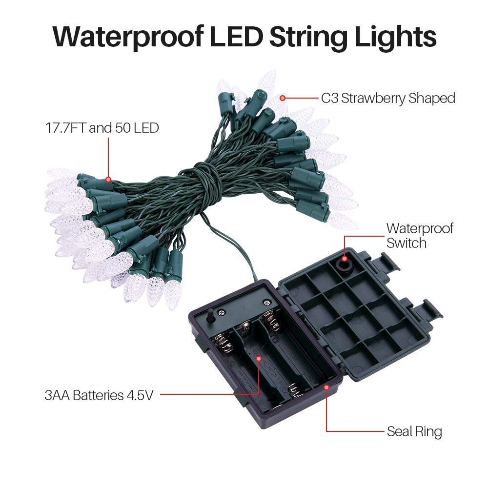 LOENDE Christmas Lights, 18FT 50 LED C3 Battery Operated String Lights for Indoor Outdoor Christmas Party Decor, Warm White