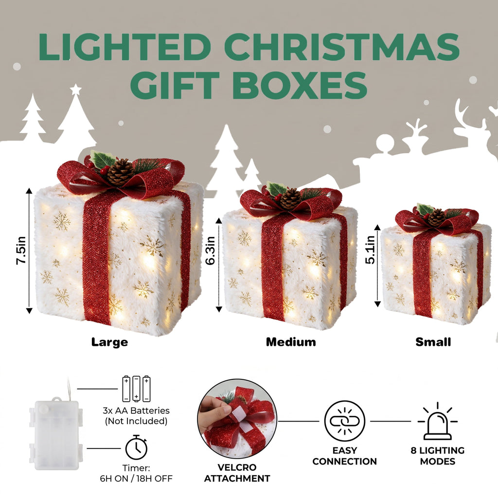 Magotan 3Pcs Lighted Up Christmas Gift Boxes, Iron Frame White Plush Snowflake Present Set with Red Bow & Warm LED Lights, Indoor Xmas Holiday Decor
