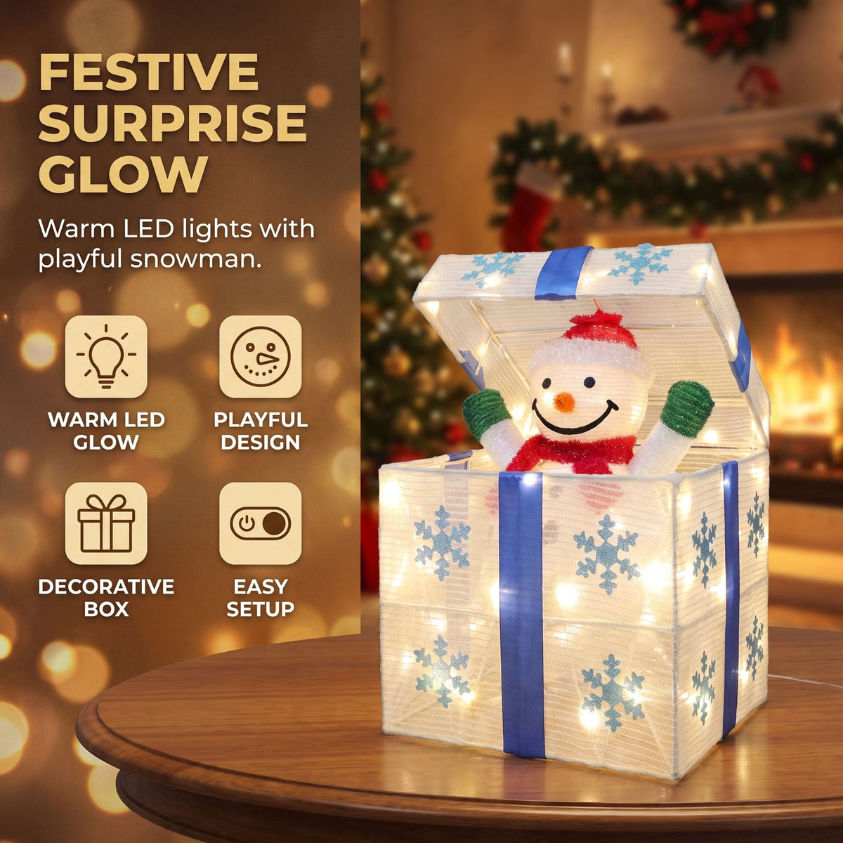 Magotan Lighted Up Snowman Gift Box Christmas Decoration, Iron Frame Holiday Snowman Figure with LED Lights, Indoor Tabletop & Mantel Xmas Decor