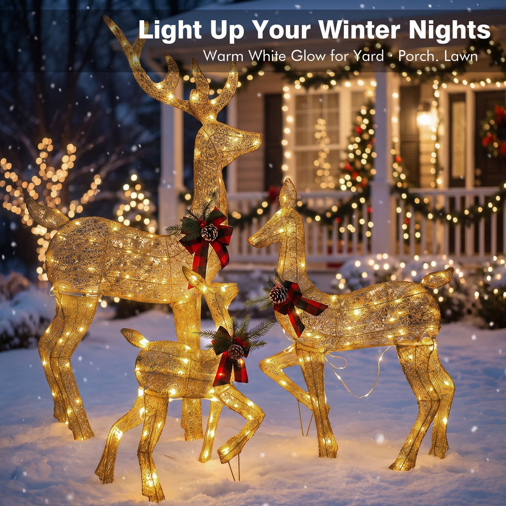 Magotan 3Pcs Lighted Christmas Deer Family Set,Christmas Outdoor Decorations,Reindeer Holiday Decoration with 180 Warm White LED Lights,Outdoor Lawn Porch Yard Decoration
