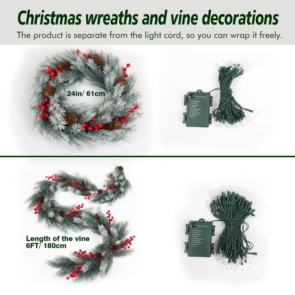 Loende 6ft Artificial Christmas Garland and 24in Christmas Wreath Set Decorations for Stairs Wall Door Indoor Outdoor