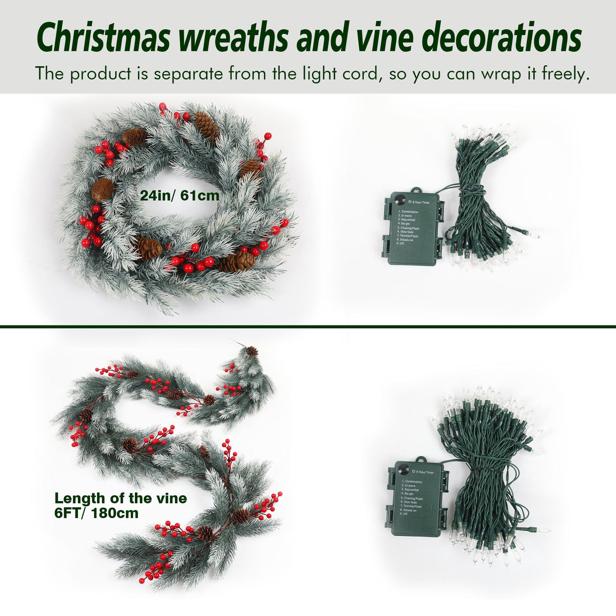 Loende 6ft Artificial Christmas Garland and 24in Christmas Wreath Set Decorations for Stairs Wall Door Indoor Outdoor