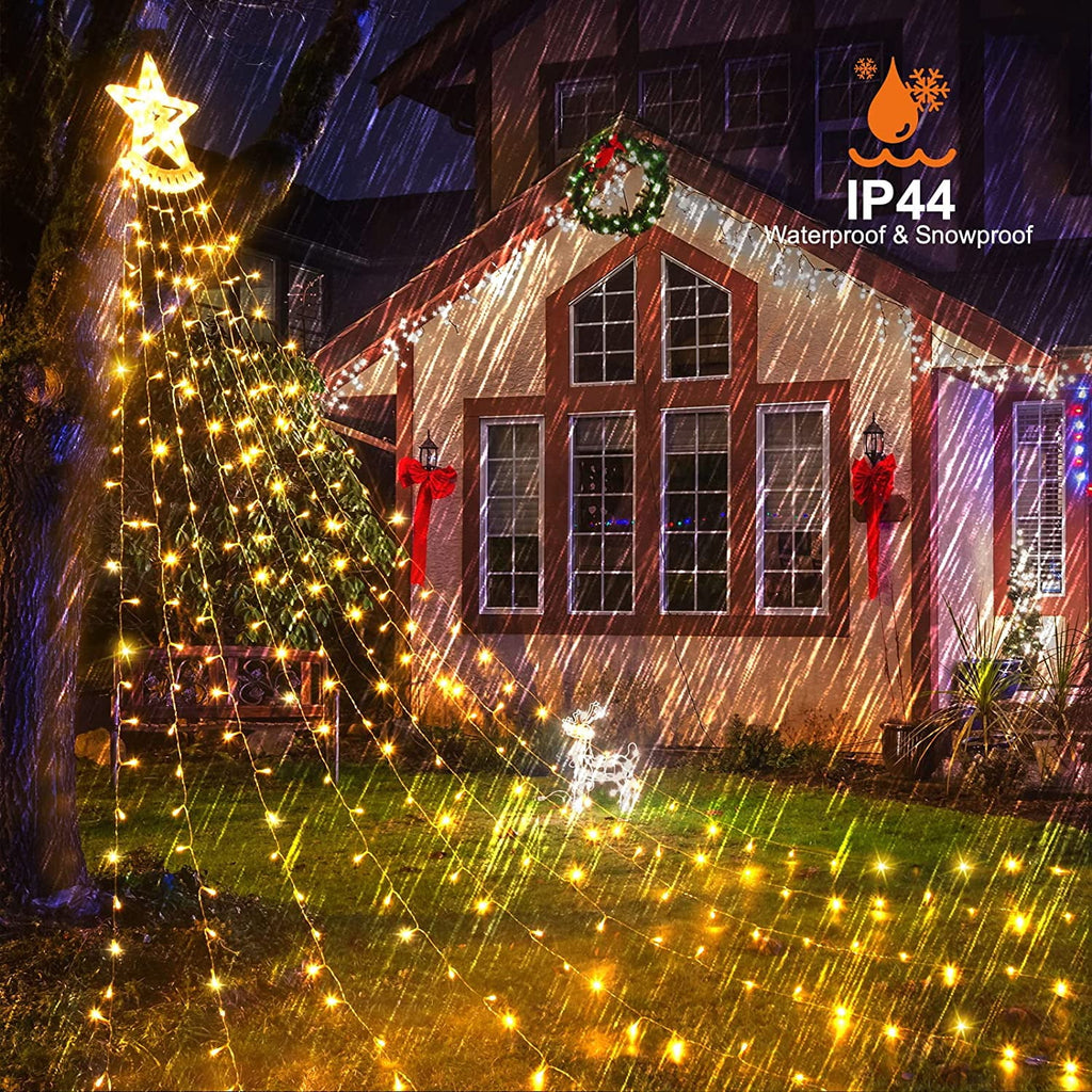 Magotan 12.5ft 350 LED Waterfall Christmas Lights Outdoor Decoration Twinkle Plug in Christmas Tree String Lights with Top Star Xmas Holiday Garden Yard Decoration, Warm White